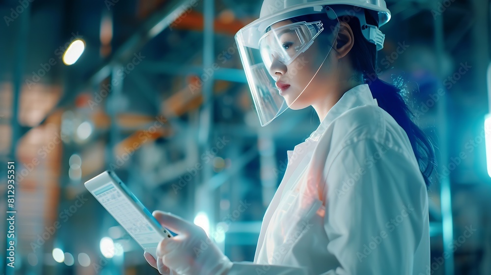Poster industry 40 modern factory female engineer uses digital tablet computer with augmented reality softw