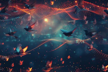 Illustrate a mesmerizing scene of AI-powered birds soaring over a symphony of soundwaves