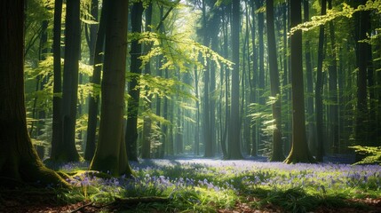 Obraz premium A magical woodland scene with a carpet of bluebells under a canopy of towering trees