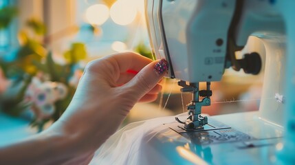 Woman hand close up sews tulle on electric sewing machine Filling the thread into the sewing needle adjusting the tension Comfort in the house a housewifes hobby layout of sewing tools : Generative AI - Powered by Adobe