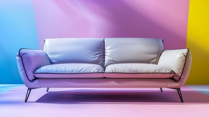 Flying leather soft sofa on multicolored background with shadow Stylish cozy modern sofa made of genuine leather on legs Creative Minimalistic mockup with sofa popart Abstract backgrou : Generative AI