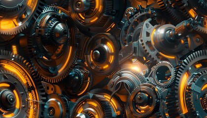 Illustrate a photorealistic landscape of gears and cogs spinning in harmony