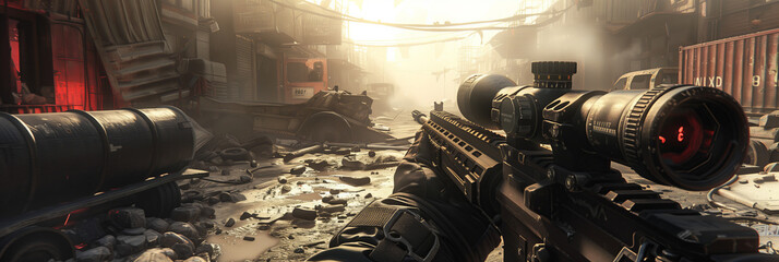 Selective focus of Computer game screen of rifle shooting game.