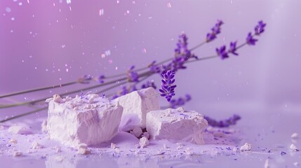 Abstract background minimal presentation with lavender flower On a purple background fresh blooming lavender displayed with blocks of stone The scent of lavender can improve sleep qual : Generative AI