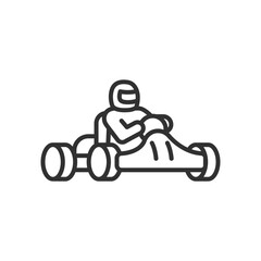 Karting, linear icon. Person on go-kart wearing riding equipment. Line with editable stroke
