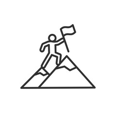 A person on a mountain with a flag, linear icon. Reaching the top. Success. Line with editable stroke