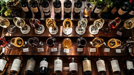 A wooden rack of various bottles of wine with two glasses on each shelf.