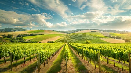 A picturesque vineyard with orderly rows of grapevines stretching across rolling hills