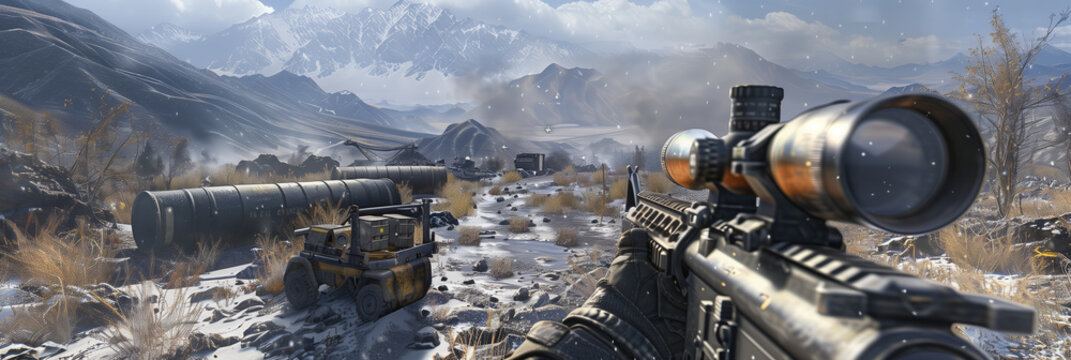 Selective focus of Computer game screen of rifle shooting game.