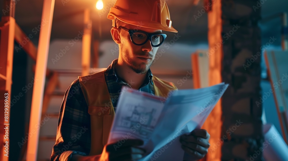 Poster portrait of an architect builder studying layout plan of the rooms serious civil engineer working wi