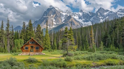 A remote wilderness cabin nestled in a forest clearing with snow capped peaks in the background