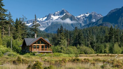 A remote wilderness cabin nestled in a forest clearing with snow capped peaks in the background