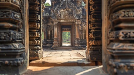The Banteay Srei temple in Cambodia celebrated for its intricate carvings in pink sandstone often...