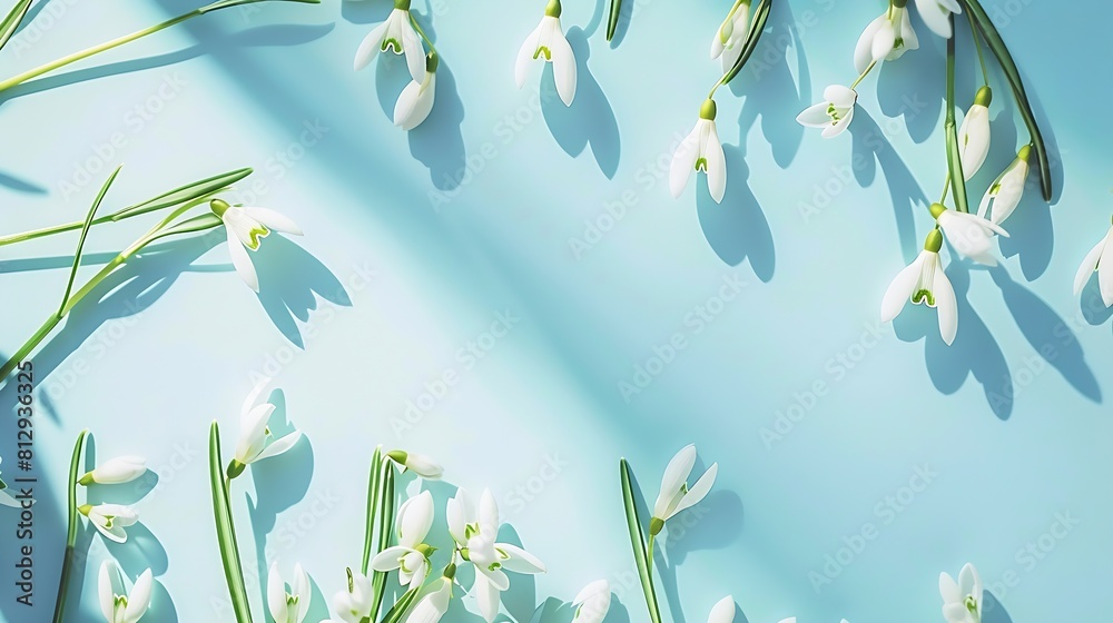 Aufkleber Creative layout made with snowdrop flowers on bright background Flat lay Spring minimal concept : Generative AI
