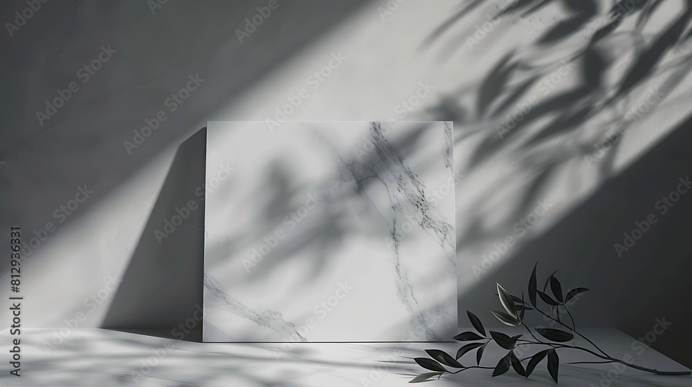 Poster Abstract empty marble board with shadows leaves on a gray background Layout concept for promotional product presentation sale or cosmetics display Front view and copy space : Generative AI