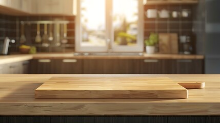Selective focusEnd grain wood counter top with cutting board on blur kitchen in morning window backgroundFor montage product display or design key visual : Generative AI - Powered by Adobe