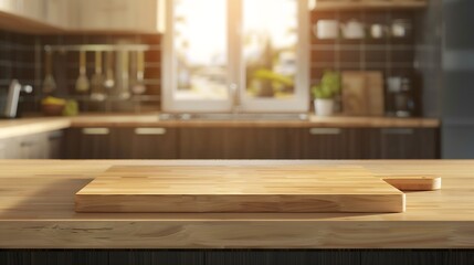 Selective focusEnd grain wood counter top with cutting board on blur kitchen in morning window backgroundFor montage product display or design key visual : Generative AI