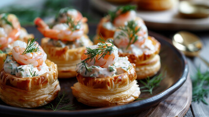 Delectable vol-au-vent pastry cases filled with creamy shrimp and fresh dill, arranged on a rustic plate, perfect for elegant catering events