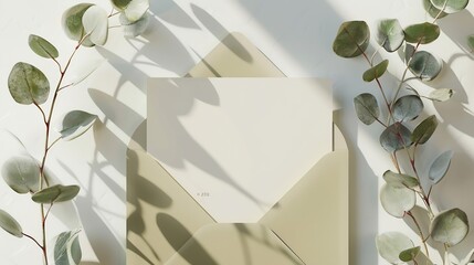 Greeting card or invitation mockup with envelope and green eucalyptus twigs top view mockup with copy space : Generative AI