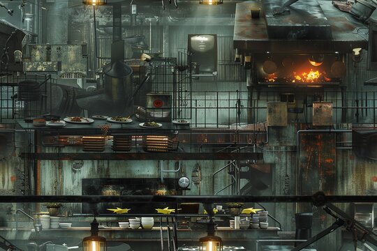 Transform the intense culinary showdown of renowned chefs in a post-apocalyptic setting into a dynamic CG 3D masterpiece Showcase dramatic lighting and intricate details
