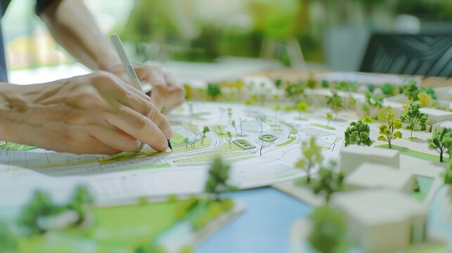 paper sheet of layout plan with hands and garden background that shown design of clubhouse landscape or garden design   drawing by hand with color marker pens and color pencil selectiv : Generative AI