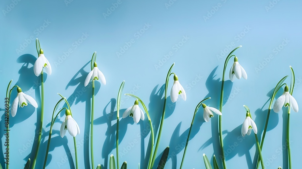 Poster Composition with snowdrop flowers on color background Creative layout made with snowdrop flowers on bright blue background Flat lay Spring minimal concept : Generative AI