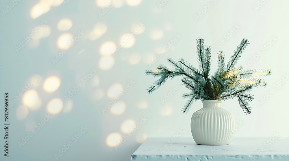 Aufkleber Christmas New Year home decor Empty white wall mock up with green fir branches in a vase on a white table Mock up for displaying works : Generative AI