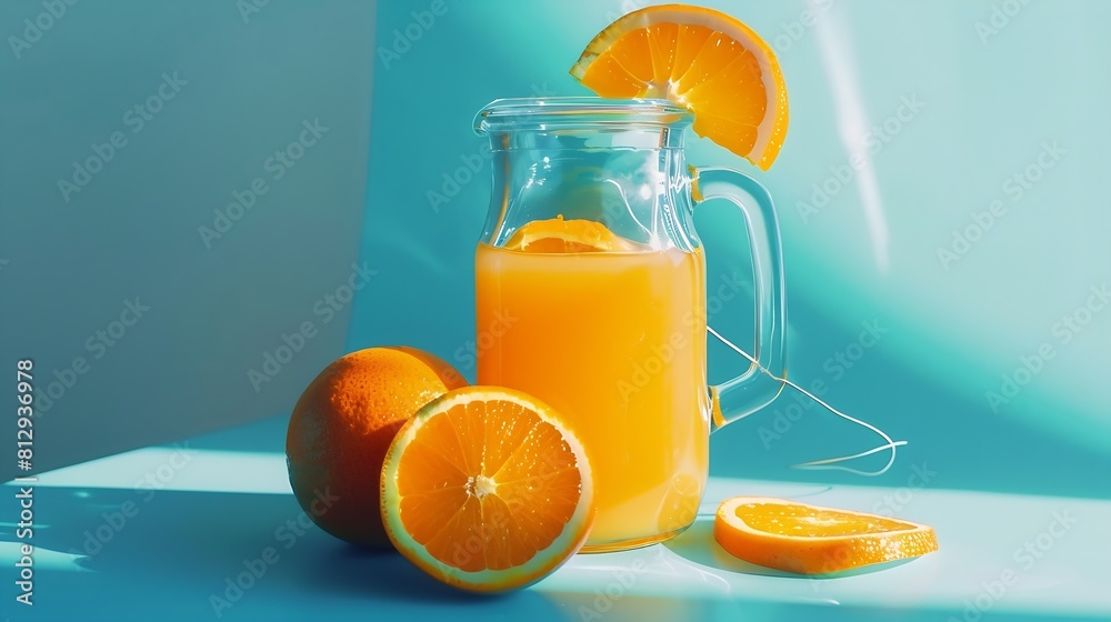 Poster orange and orange juice in a jug are connected by a cable minimal layout fruit concept : generative 
