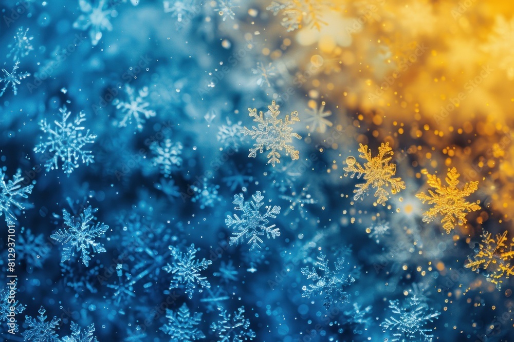 Wall mural Closeup of delicate snowflakes with a golden glow against a deep blue wintry backdrop