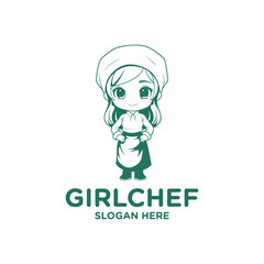 Chef girl, cafe and restaurant logo vector illustration