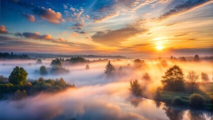 Obraz premium Ethereal Misty Morning: A thin layer of mist hangs in the air, diffusing the light of the rising sun and lending the sky a dreamy, otherworldly quality that inspires introspection and contemplation.