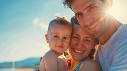 Fototapeta premium Photo of happy family looking at camera during summer vacation : Generative AI