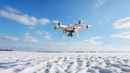 Drone flying over snowy field 