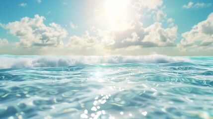 Obraz premium A summer vacation holiday background of a tropical beach and blue sea and white clouds with sun flare : Generative AI