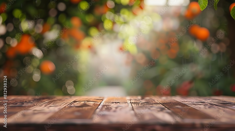 Poster wood table top with blur of orange garden in the morningfor montage product display or design key vi