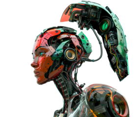 Photo of a female robot portrait on transparent background in the 3D rendering style red and green color