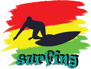 surfing silhouette with colored paint background, t-shirt design, stickers