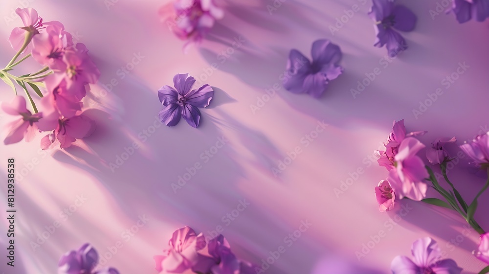 Aufkleber creative layout made with pink and violet flowers on bright background flat lay spring minimal conce
