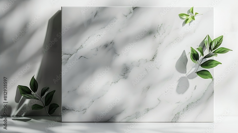 Poster empty marble board with green leaves on a light background with shadow layout concept for presentati