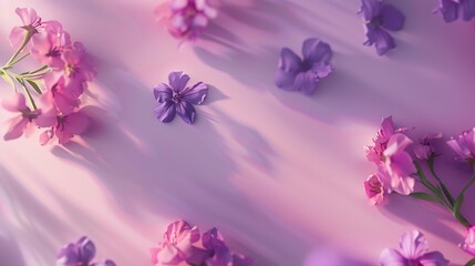 Creative layout made with pink and violet flowers on bright background Flat lay Spring minimal concept : Generative AI