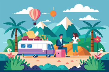 Obraz premium A man and a woman are camping in the mountains, surrounded by nature and enjoying the outdoors, Honeymoon Customizable Semi Flat Illustration