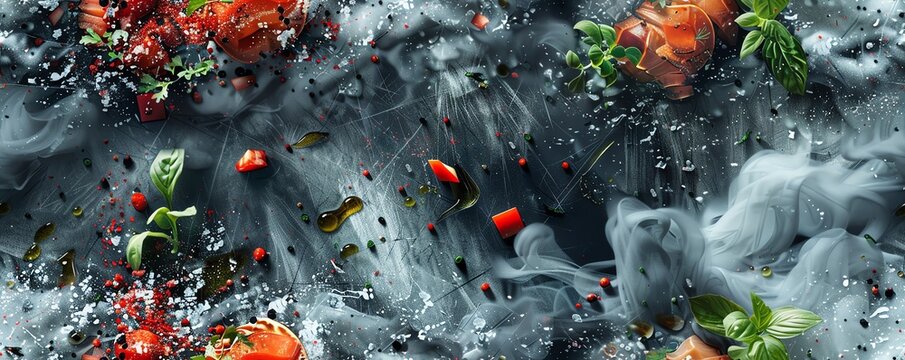 Craft a visually striking image by combining the delicacy of culinary arts with the gritty atmosphere of a dystopian setting Zoom in on the clash between an elegantly plated dish a