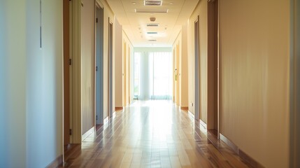 Corridor hallway and design architecture in home with empty space wooden floor and minimalist decoration Room apartment or hotel doorway with residential entrance building interior and : Generative AI