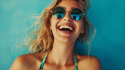 Young smiling blond model in summer swimwear colourful bathing suit Sexy carefree woman having fun and going crazy Female posing near blue wall in studio Cheerful and happy in sunglass : Generative AI