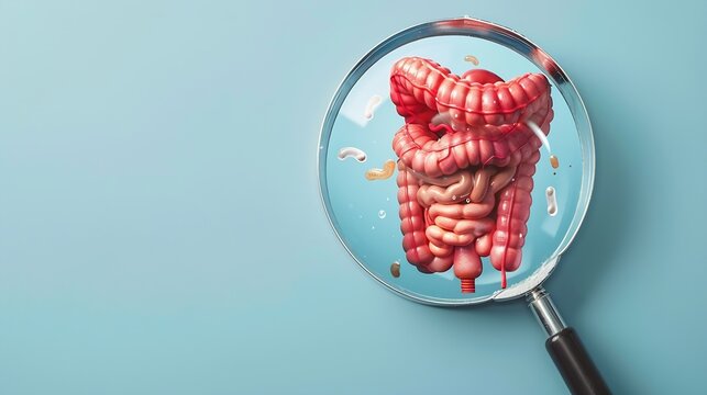 Mockup of a human with internal organs and red intestines under a magnifying glass on a blue background Intestinal diseases concept ulcerative colitis and intestinal ulcer appendicitis : Generative AI