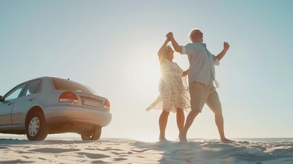 Front view of a senior Caucasian couple at the beach in the sun holding hands and dancing beside their car smiling and having fun : Generative AI