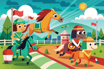 Various individuals riding on horseback in a group, engaged in a horse race event, Horse race Customizable Cartoon Illustration