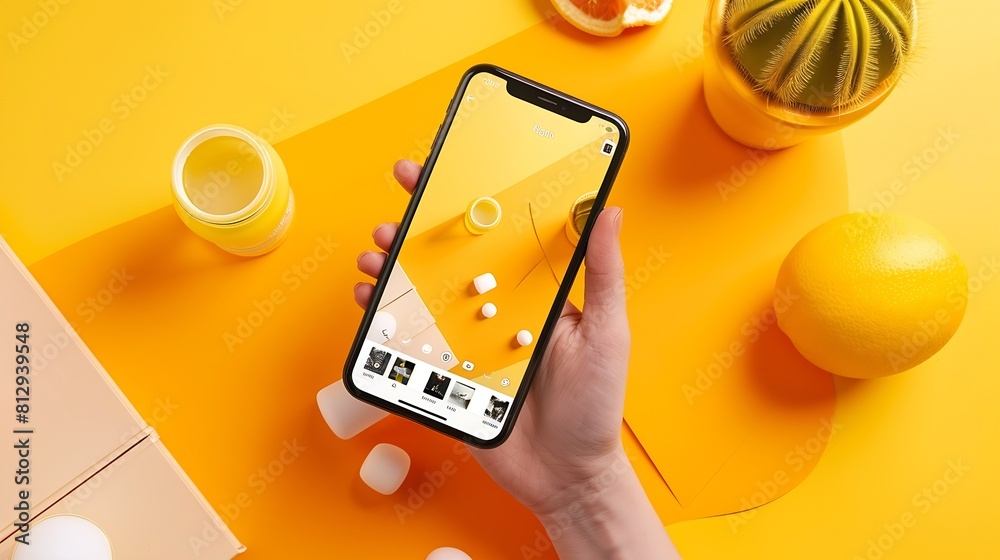 Poster mockup for social media user page with photo feed on mobile phone : generative ai