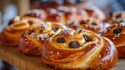 Delectable swedish kanelbullar showcased, highlighting golden-brown cinnamon rolls topped with coarse sugar and adorned with raisins