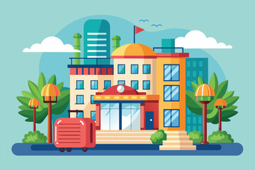 Front view of a hotel with various luggage bags lined up in front of the entrance, Hotel booking Customizable Semi Flat Illustration